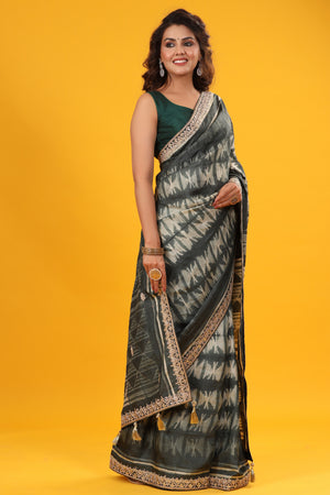 Buy grey printed tussar silk sari online in USA with embroidered border. Make a fashion statement at weddings with stunning designer sarees, embroidered sarees with blouse, wedding sarees, handloom sarees from Pure Elegance Indian fashion store in USA.-side