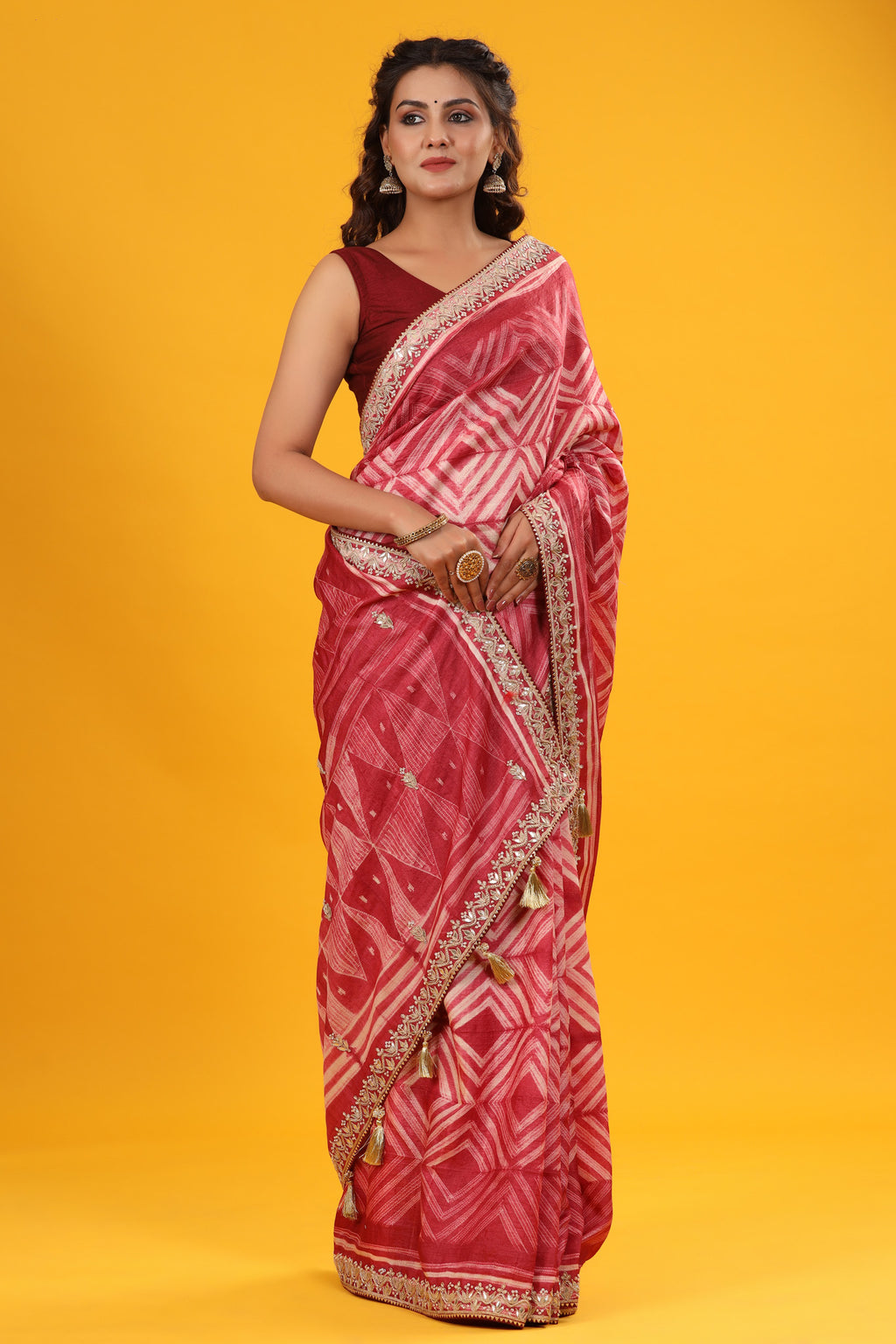 Shop red printed tussar silk sari online in USA with embroidered border. Make a fashion statement at weddings with stunning designer sarees, embroidered sarees with blouse, wedding sarees, handloom sarees from Pure Elegance Indian fashion store in USA.-full view