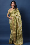 Buy olive green printed tussar silk sari online in USA with golden zari border. Make a fashion statement at weddings with stunning designer sarees, embroidered sarees with blouse, wedding sarees, handloom sarees from Pure Elegance Indian fashion store in USA.-full view