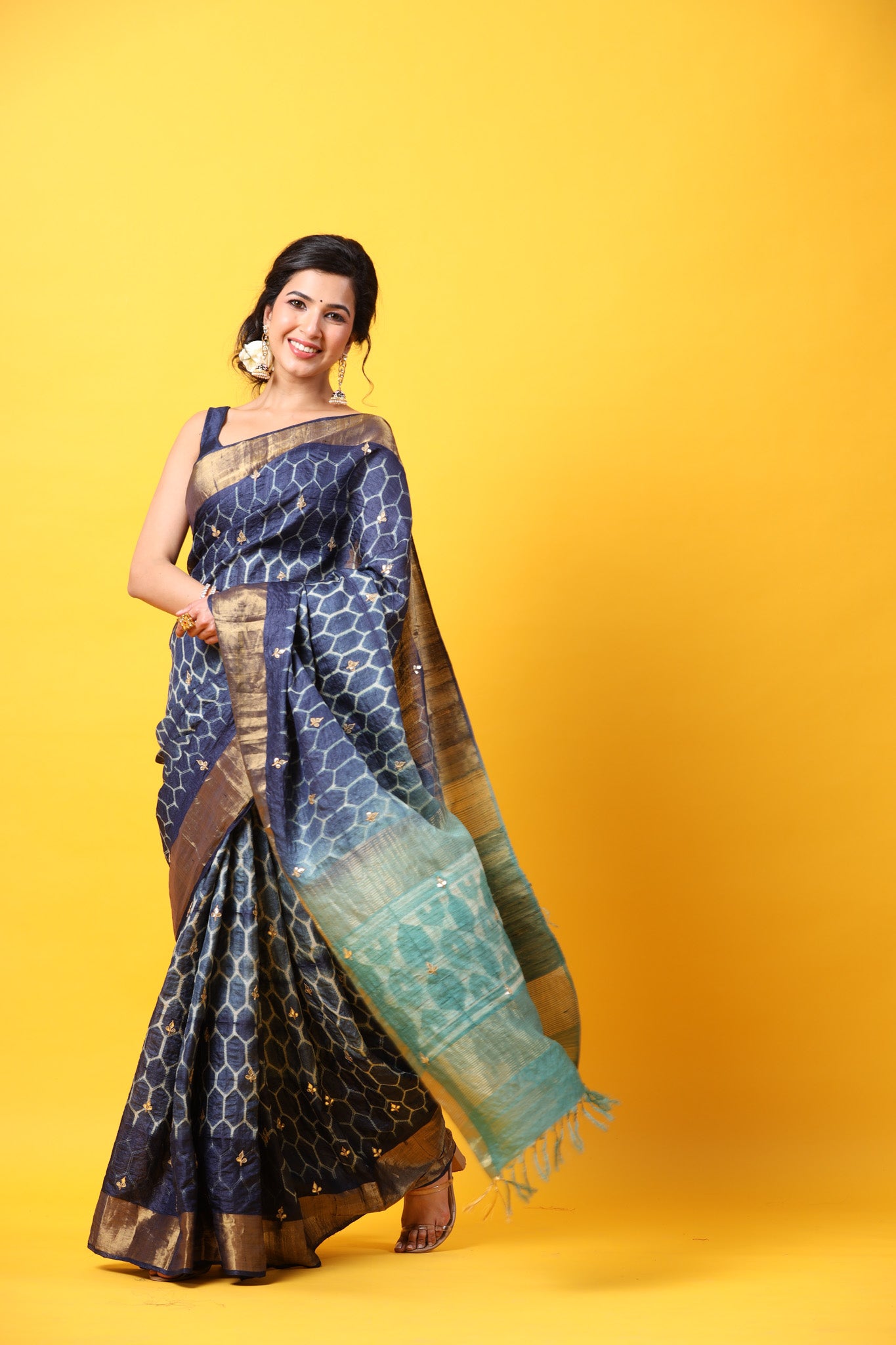 Shop blue printed tussar silk sari online in USA with zari border. Make a fashion statement at weddings with stunning designer sarees, embroidered sarees with blouse, wedding sarees, handloom sarees from Pure Elegance Indian fashion store in USA.-saree
