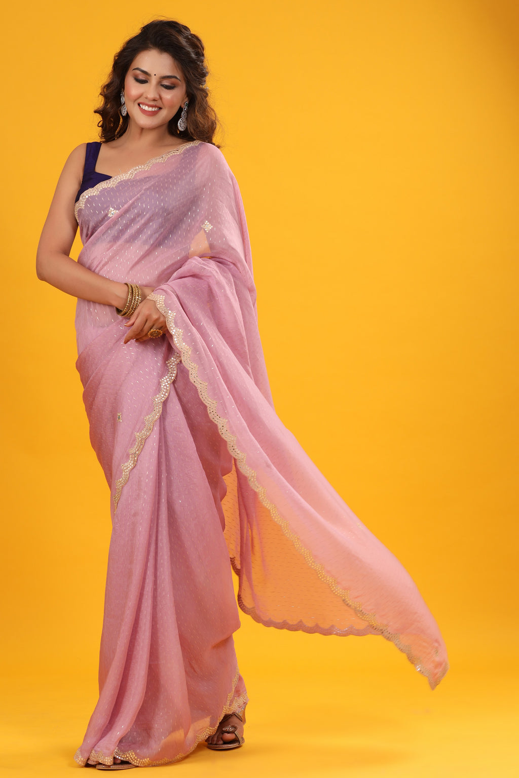 Shop light pink organza sari online in USA with scalloped border. Make a fashion statement at weddings with stunning designer sarees, embroidered sarees with blouse, wedding sarees, handloom sarees from Pure Elegance Indian fashion store in USA.-full view