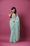 Buy mint green bandhej organza sari online in USA with scalloped border. Make a fashion statement at weddings with stunning designer sarees, embroidered sarees with blouse, wedding sarees, handloom sarees from Pure Elegance Indian fashion store in USA.-full view