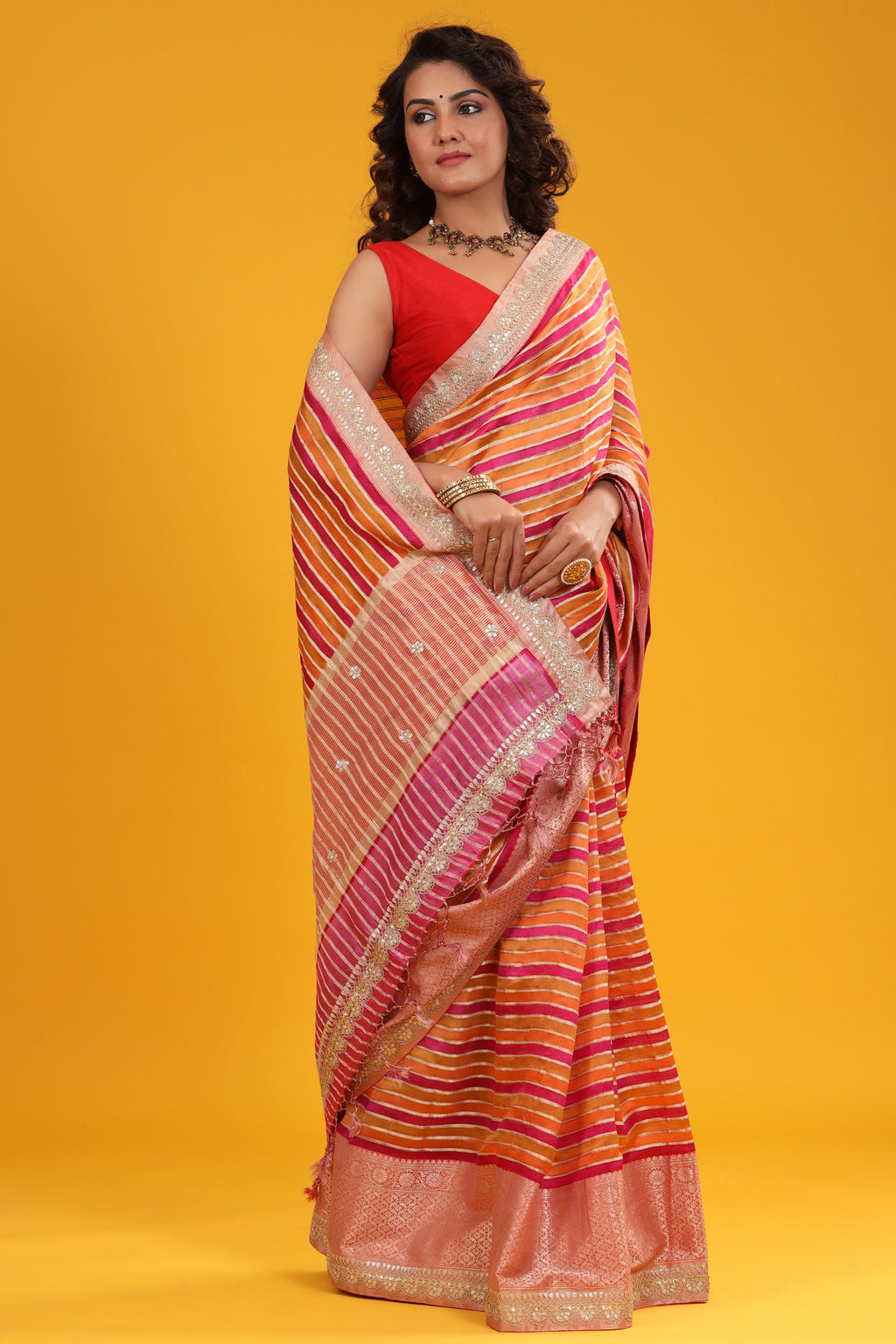 Buy multicolor tussar silk sari online in USA with embroidered border. Make a fashion statement at weddings with stunning designer sarees, embroidered sarees with blouse, wedding sarees, handloom sarees from Pure Elegance Indian fashion store in USA.-full view