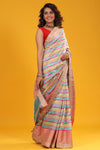Buy pastel multicolor tussar silk sari online in USA with embroidered zari border. Make a fashion statement at weddings with stunning designer sarees, embroidered sarees with blouse, wedding sarees, handloom sarees from Pure Elegance Indian fashion store in USA.-full view