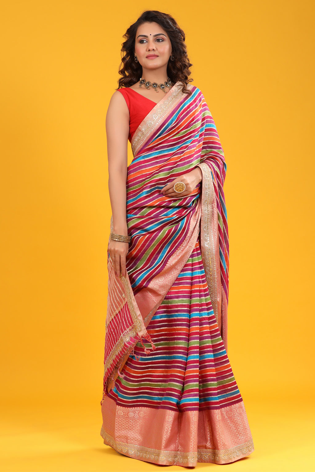 Buy multicolor tussar silk saree online in USA with embroidered zari border. Make a fashion statement at weddings with stunning designer sarees, embroidered sarees with blouse, wedding sarees, handloom sarees from Pure Elegance Indian fashion store in USA.-full view