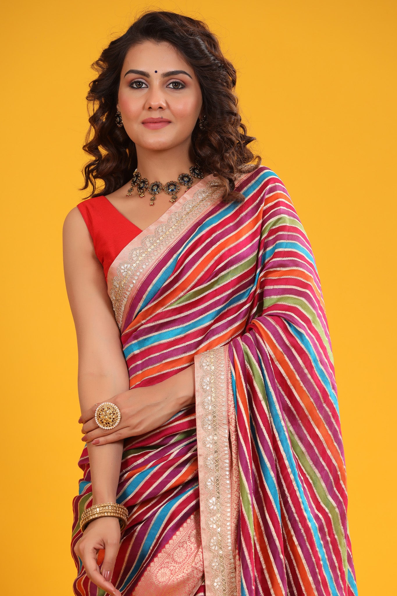 Buy multicolor tussar silk saree online in USA with embroidered zari border. Make a fashion statement at weddings with stunning designer sarees, embroidered sarees with blouse, wedding sarees, handloom sarees from Pure Elegance Indian fashion store in USA.-closeup