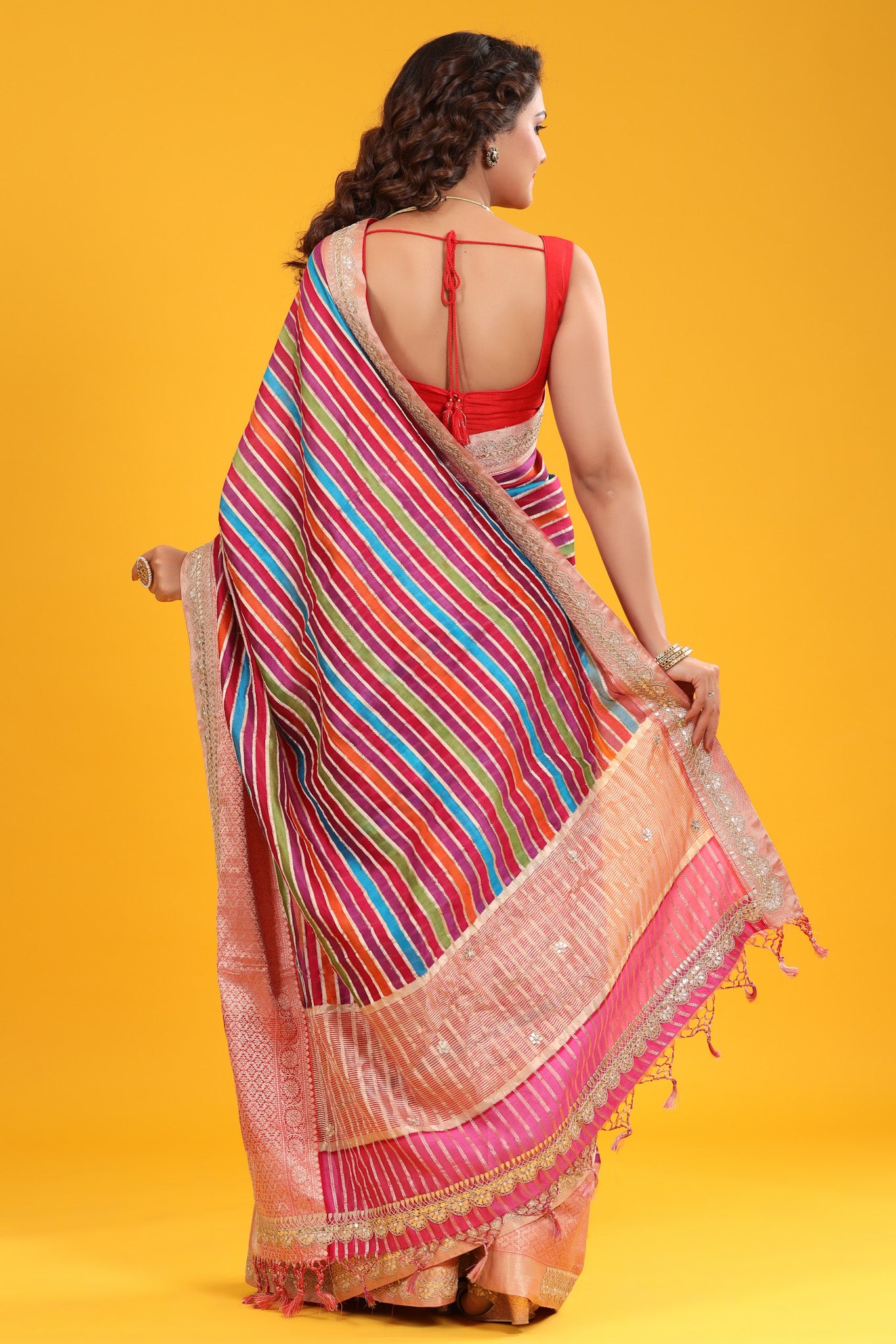 Buy multicolor tussar silk saree online in USA with embroidered zari border. Make a fashion statement at weddings with stunning designer sarees, embroidered sarees with blouse, wedding sarees, handloom sarees from Pure Elegance Indian fashion store in USA.-back