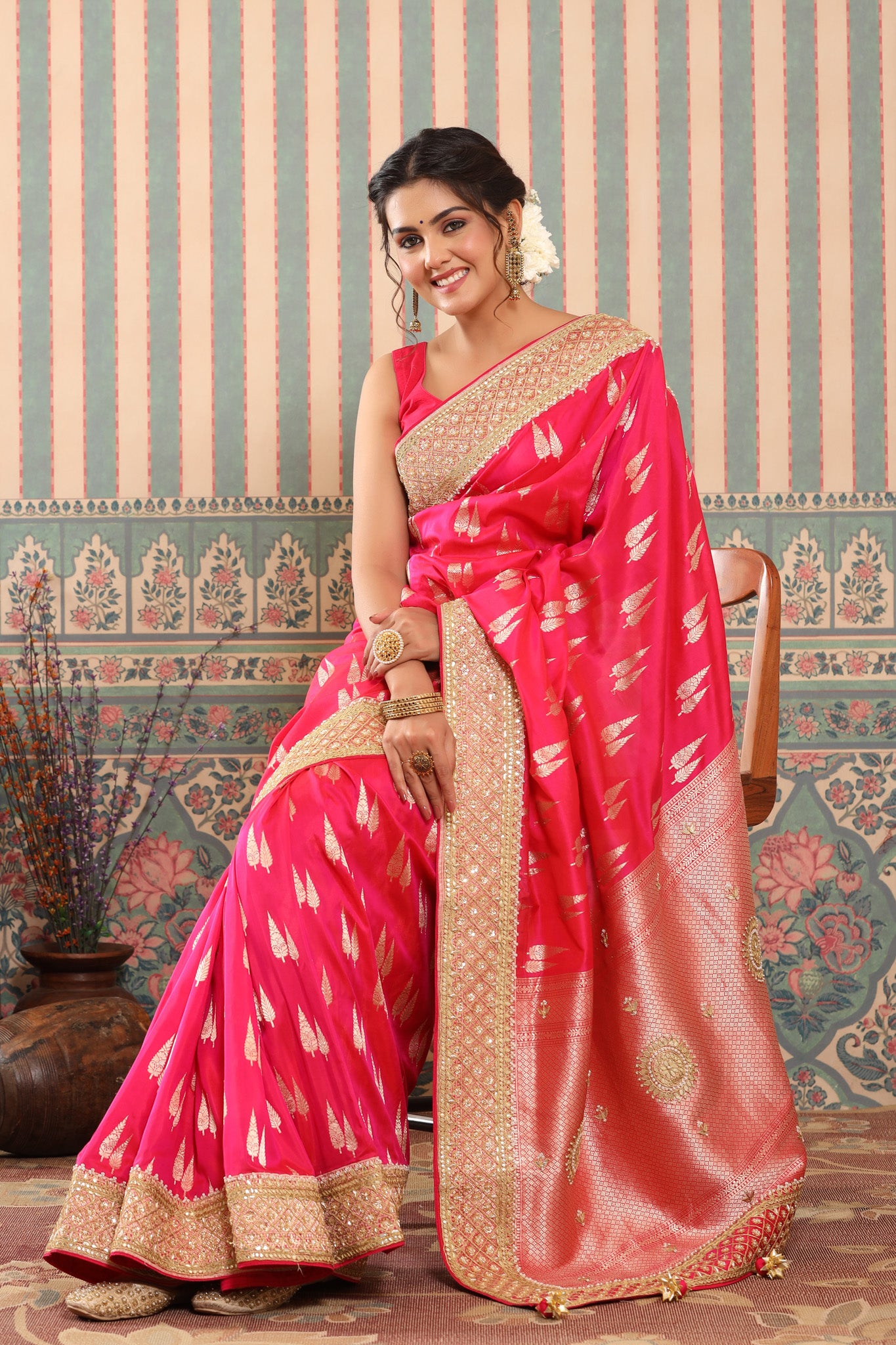 Shop bright pink Banarasi saree online in USA with embroidered border. Make a fashion statement at weddings with stunning designer sarees, embroidered sarees with blouse, wedding sarees, handloom sarees from Pure Elegance Indian fashion store in USA.-saree