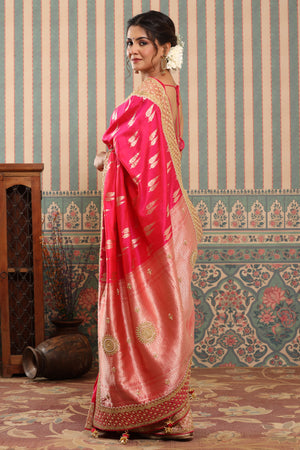 Shop bright pink Banarasi saree online in USA with embroidered border. Make a fashion statement at weddings with stunning designer sarees, embroidered sarees with blouse, wedding sarees, handloom sarees from Pure Elegance Indian fashion store in USA.-pallu