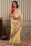 Shop light yellow organza silk saree online in USA with embroidered border. Make a fashion statement at weddings with stunning designer sarees, embroidered sarees with blouse, wedding sarees, handloom sarees from Pure Elegance Indian fashion store in USA.-full view