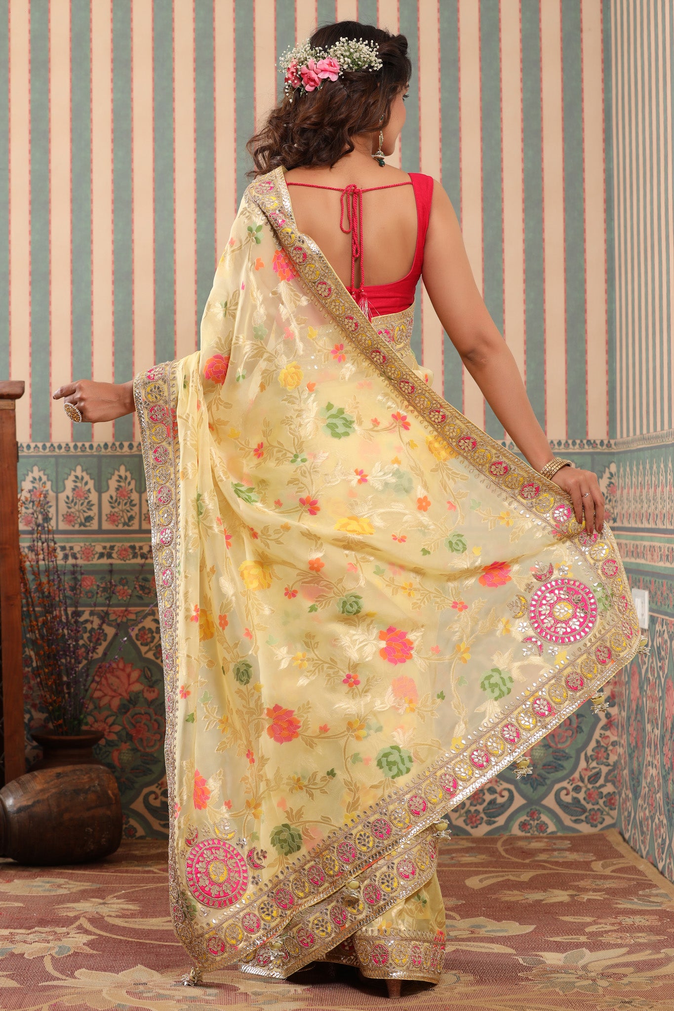 Shop light yellow organza silk saree online in USA with embroidered border. Make a fashion statement at weddings with stunning designer sarees, embroidered sarees with blouse, wedding sarees, handloom sarees from Pure Elegance Indian fashion store in USA.-back