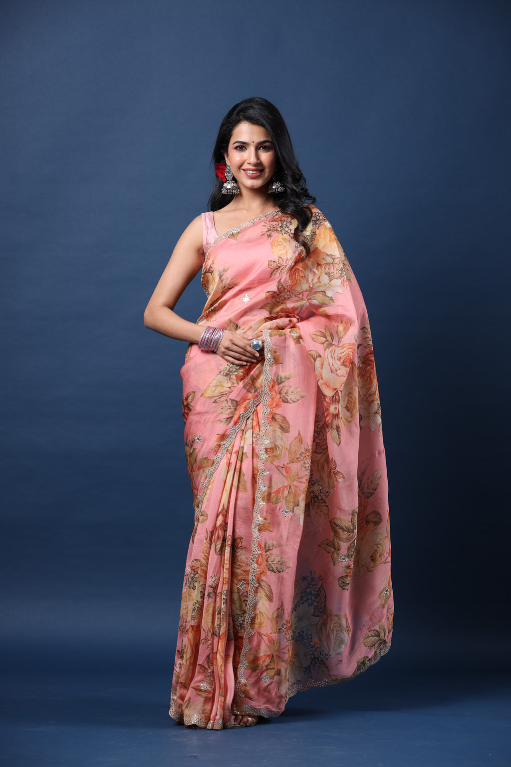 Buy light pink embroidered floral organza silk saree online in USA with blouse. Make a fashion statement at weddings with stunning designer sarees, embroidered sarees with blouse, wedding sarees, handloom sarees from Pure Elegance Indian fashion store in USA.-full view