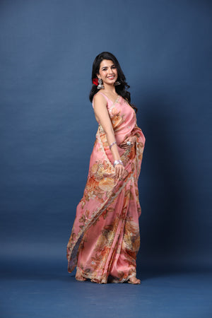 Buy light pink embroidered floral organza silk saree online in USA with blouse. Make a fashion statement at weddings with stunning designer sarees, embroidered sarees with blouse, wedding sarees, handloom sarees from Pure Elegance Indian fashion store in USA.-pallu