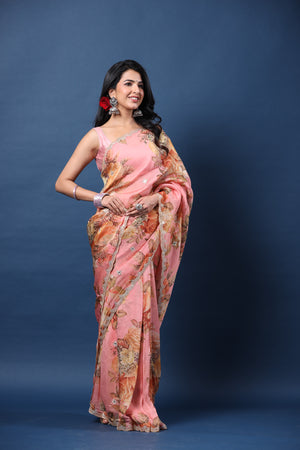 Buy light pink embroidered floral organza silk saree online in USA with blouse. Make a fashion statement at weddings with stunning designer sarees, embroidered sarees with blouse, wedding sarees, handloom sarees from Pure Elegance Indian fashion store in USA.-side