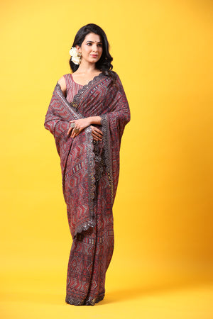 Buy multicolor printed georgette saree online in USA with scalloped border. Make a fashion statement at weddings with stunning designer sarees, embroidered sarees with blouse, wedding sarees, handloom sarees from Pure Elegance Indian fashion store in USA.-front