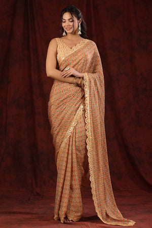 Buy yellow georgette saree online in USA with scalloped border. Make a fashion statement at weddings with stunning designer sarees, embroidered sarees with blouse, wedding sarees, handloom sarees from Pure Elegance Indian fashion store in USA.-saree