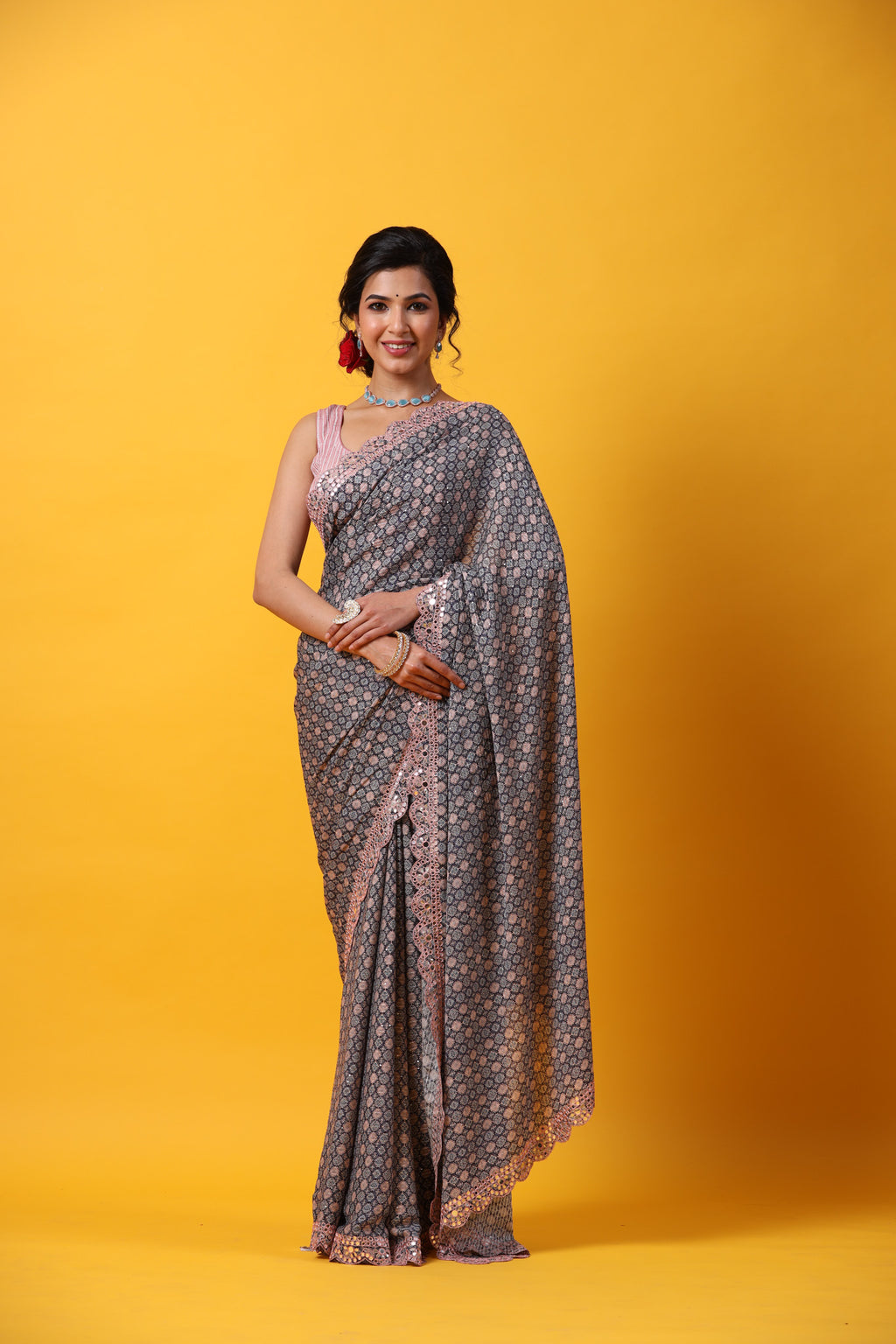 Shop beautiful blue georgette saree online in USA with scalloped border. Make a fashion statement at weddings with stunning designer sarees, embroidered sarees with blouse, wedding sarees, handloom sarees from Pure Elegance Indian fashion store in USA.-full view