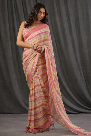 Buy light pink and yellow crepe saree online in USA with embroidered border and blouse. Make a fashion statement at weddings with stunning designer sarees, embroidered sarees with blouse, wedding sarees, handloom sarees from Pure Elegance Indian fashion store in USA.-pallu
