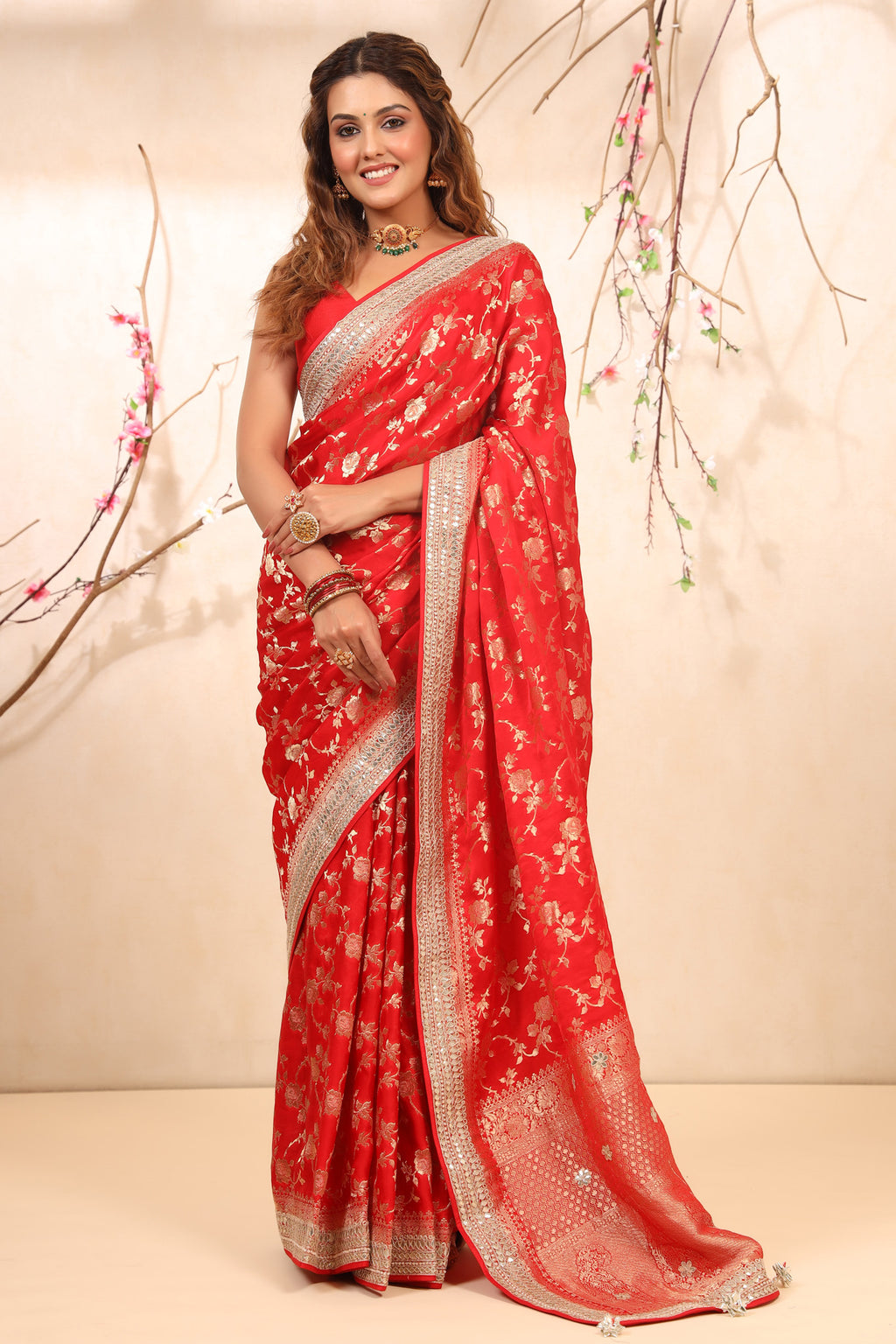 Shop red embroidered Banarasi Khaddi saree online in USA with blouse. Make a fashion statement at weddings with stunning designer sarees, embroidered sarees with blouse, wedding sarees, handloom sarees from Pure Elegance Indian fashion store in USA.-full view