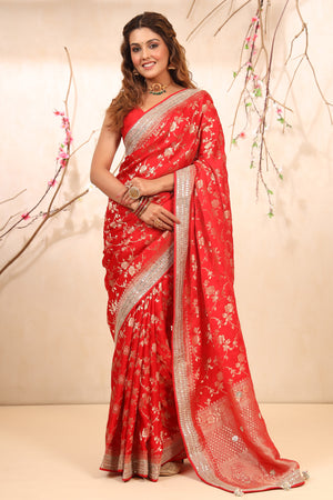 Shop red embroidered Banarasi Khaddi saree online in USA with blouse. Make a fashion statement at weddings with stunning designer sarees, embroidered sarees with blouse, wedding sarees, handloom sarees from Pure Elegance Indian fashion store in USA.-front