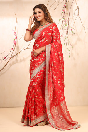 Shop red embroidered Banarasi Khaddi saree online in USA with blouse. Make a fashion statement at weddings with stunning designer sarees, embroidered sarees with blouse, wedding sarees, handloom sarees from Pure Elegance Indian fashion store in USA.-pallu