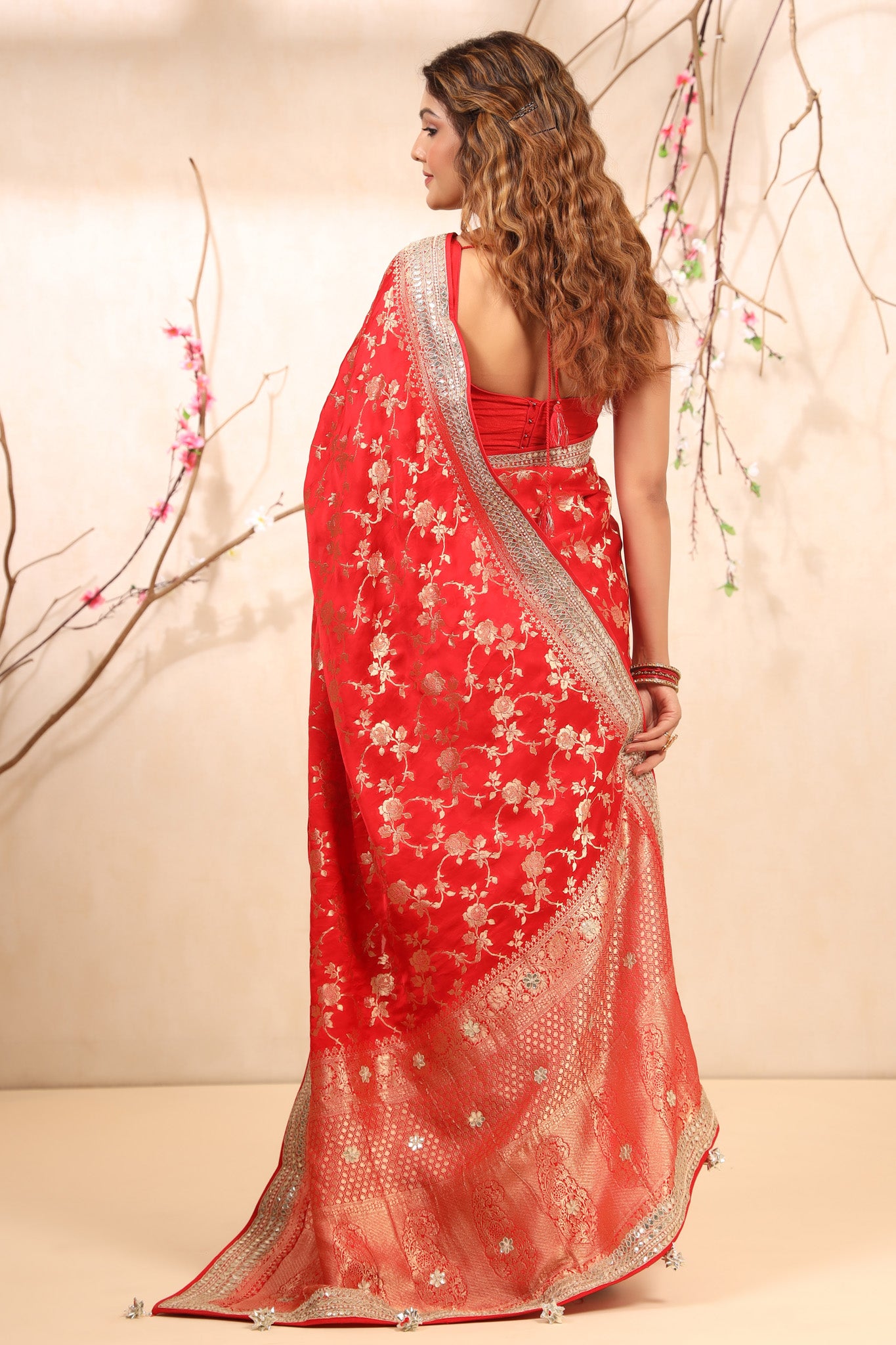 Shop red embroidered Banarasi Khaddi saree online in USA with blouse. Make a fashion statement at weddings with stunning designer sarees, embroidered sarees with blouse, wedding sarees, handloom sarees from Pure Elegance Indian fashion store in USA.-back