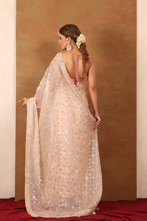 Buy powder pink embroidered organza silk saree online in USA with blouse. Make a fashion statement at weddings with stunning designer sarees, embroidered sarees with blouse, wedding sarees, handloom sarees from Pure Elegance Indian fashion store in USA.-back