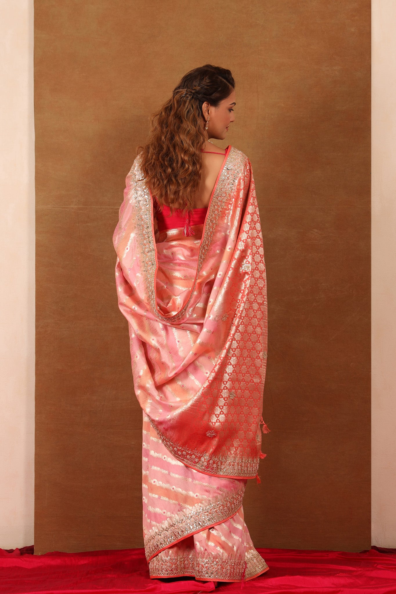 Buy beautiful pastel pink and peach embroidered georgette saree online in USA. Make a fashion statement at weddings with stunning designer sarees, embroidered sarees with blouse, wedding sarees, handloom sarees from Pure Elegance Indian fashion store in USA.-back