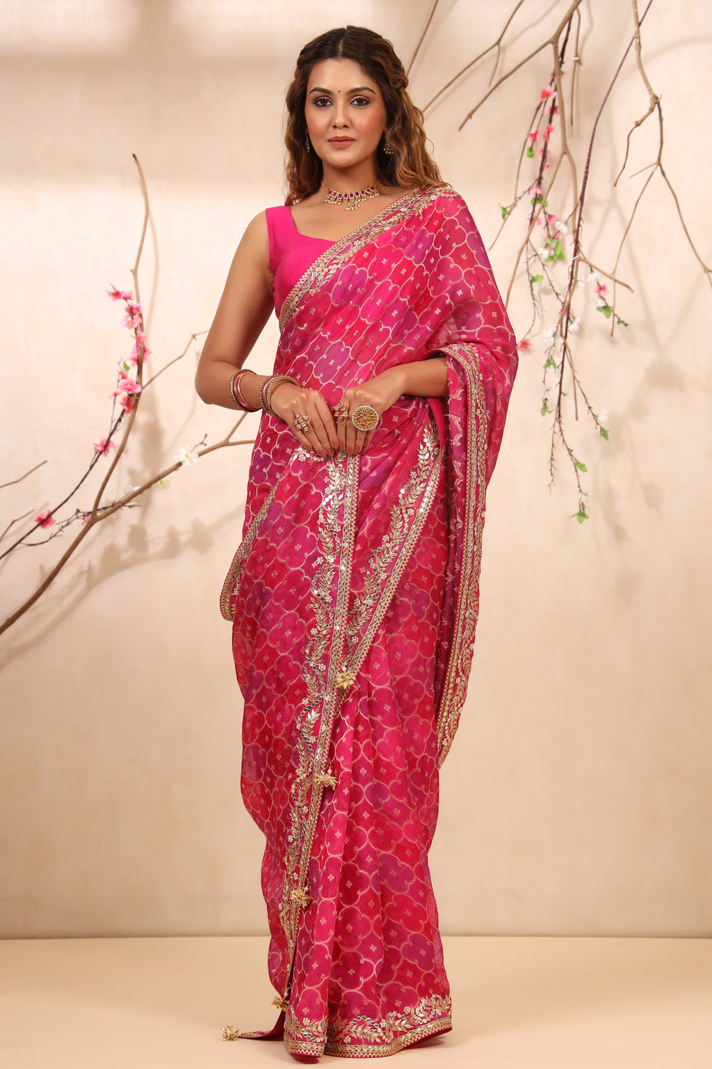 Buy shaded pink embroidered georgette saree online in USA with blouse. Make a fashion statement at weddings with stunning designer sarees, embroidered sarees with blouse, wedding sarees, handloom sarees from Pure Elegance Indian fashion store in USA.-full view