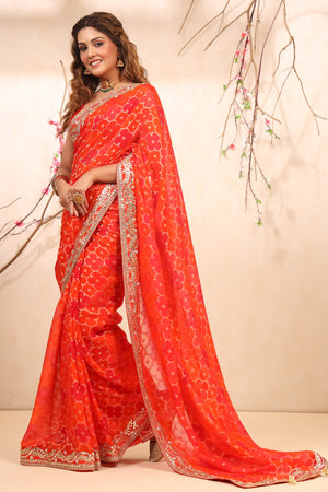 Shop red and pink embroidered georgette saree online in USA with blouse. Make a fashion statement at weddings with stunning designer sarees, embroidered sarees with blouse, wedding sarees, handloom sarees from Pure Elegance Indian fashion store in USA.-pallu