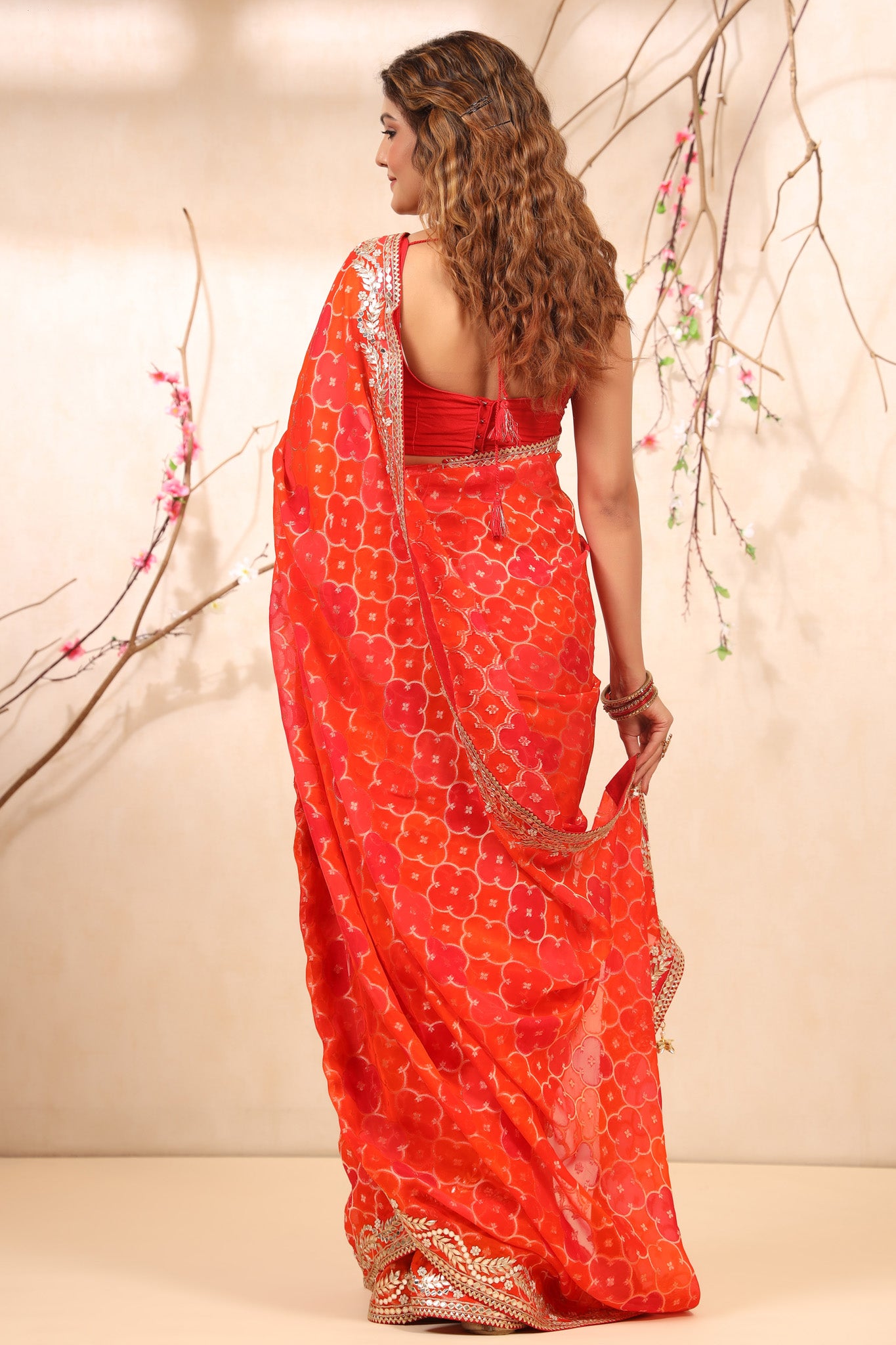 Shop red and pink embroidered georgette saree online in USA with blouse. Make a fashion statement at weddings with stunning designer sarees, embroidered sarees with blouse, wedding sarees, handloom sarees from Pure Elegance Indian fashion store in USA.-back