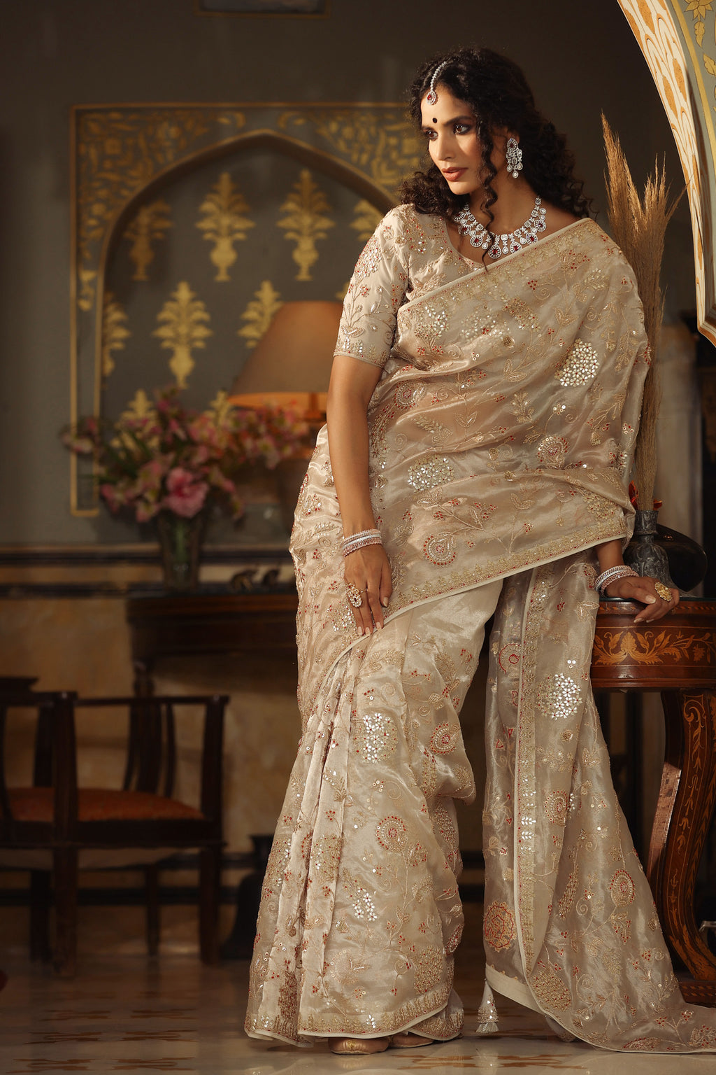 Buy cream embroidered organza silk saree online in USA with blouse. Make a fashion statement at weddings with stunning designer sarees, embroidered sarees with blouse, wedding sarees, handloom sarees from Pure Elegance Indian fashion store in USA.-blouse