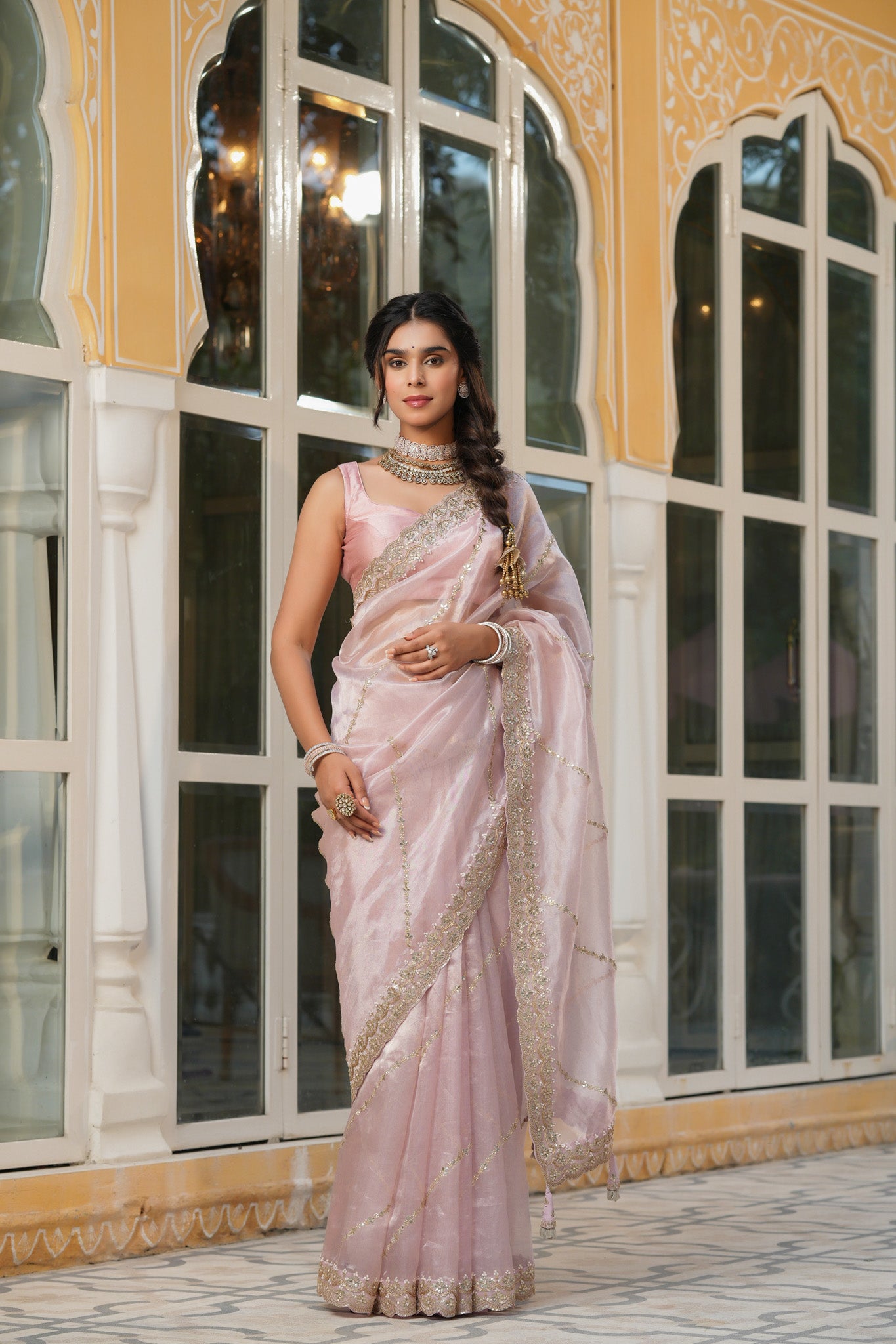 Shop powder pink embroidered organza silk saree online in USA with blouse. Make a fashion statement at weddings with stunning designer sarees, embroidered sarees with blouse, wedding sarees, handloom sarees from Pure Elegance Indian fashion store in USA.-front