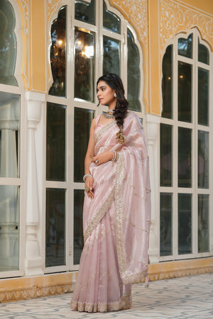 Shop powder pink embroidered organza silk saree online in USA with blouse. Make a fashion statement at weddings with stunning designer sarees, embroidered sarees with blouse, wedding sarees, handloom sarees from Pure Elegance Indian fashion store in USA.-side
