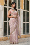 Shop powder pink embroidered organza silk saree online in USA with blouse. Make a fashion statement at weddings with stunning designer sarees, embroidered sarees with blouse, wedding sarees, handloom sarees from Pure Elegance Indian fashion store in USA.-full view