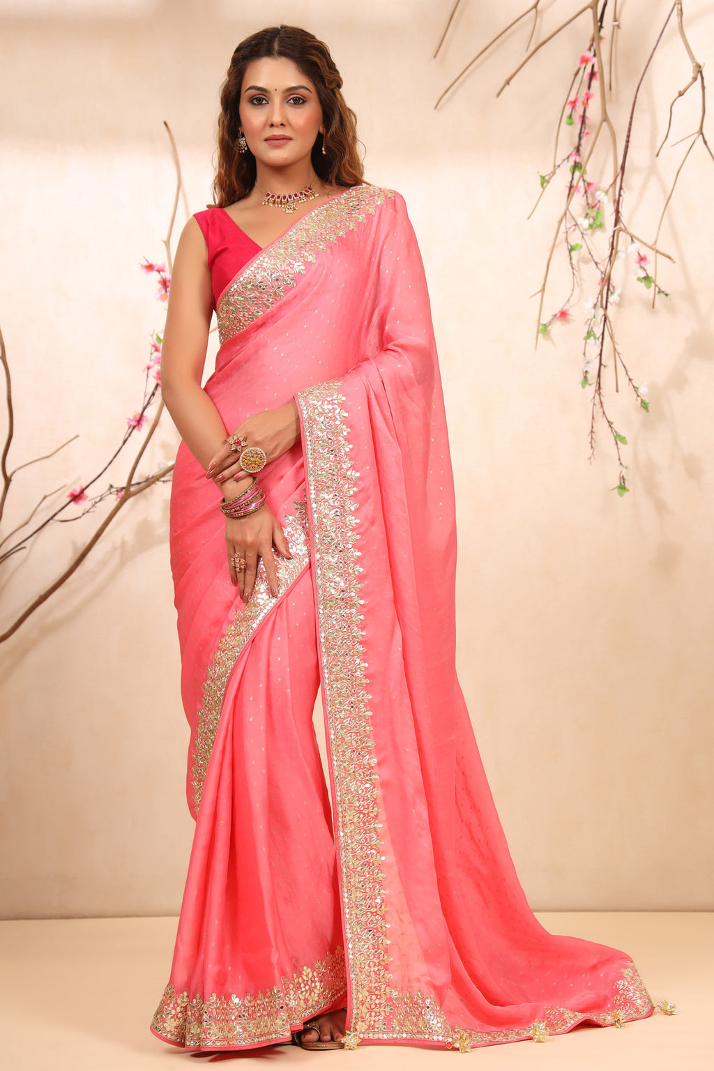 Buy beautiful pastel pink embroidered tussar georgette saree online in USA with blouse. Make a fashion statement at weddings with stunning designer sarees, embroidered sarees with blouse, wedding sarees, handloom sarees from Pure Elegance Indian fashion store in USA.-full view
