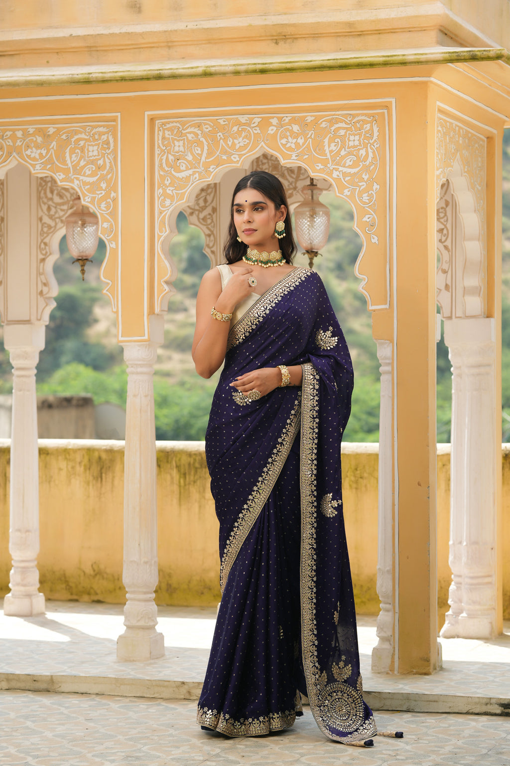Buy beautiful navy blue embroidered tussar georgette saree online in USA with blouse. Make a fashion statement at weddings with stunning designer sarees, embroidered sarees with blouse, wedding sarees, handloom sarees from Pure Elegance Indian fashion store in USA.-full view