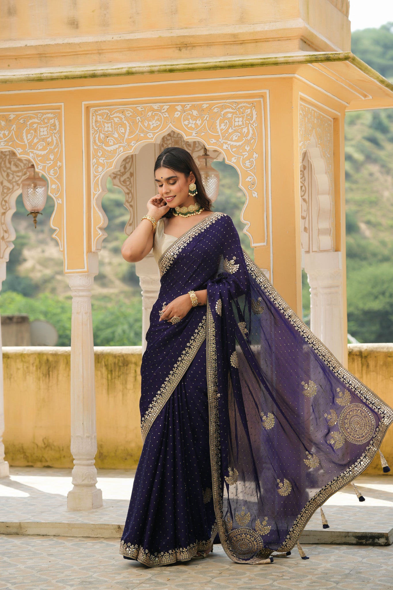 Buy beautiful navy blue embroidered tussar georgette saree online in USA with blouse. Make a fashion statement at weddings with stunning designer sarees, embroidered sarees with blouse, wedding sarees, handloom sarees from Pure Elegance Indian fashion store in USA.-front