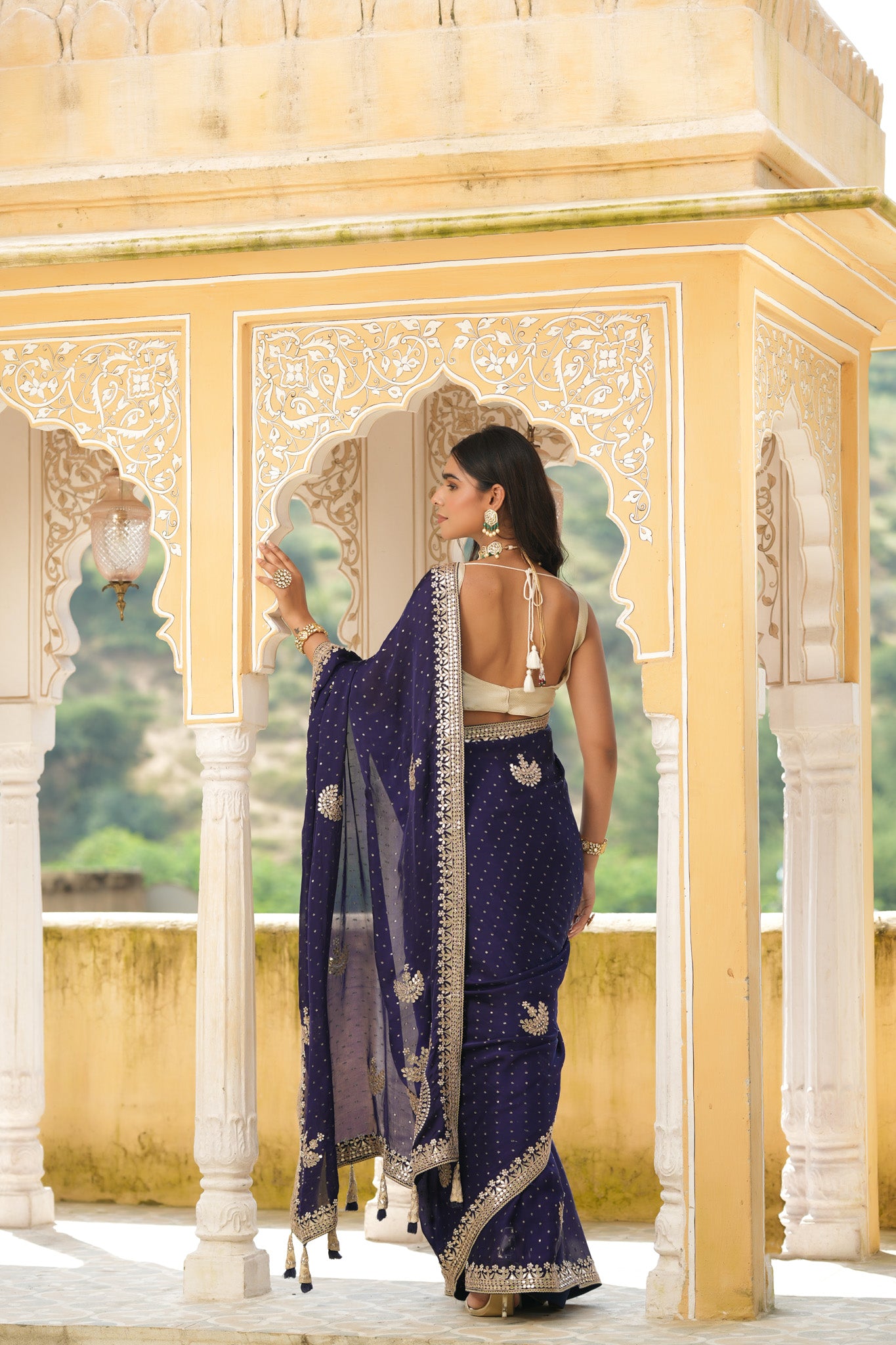 Buy beautiful navy blue embroidered tussar georgette saree online in USA with blouse. Make a fashion statement at weddings with stunning designer sarees, embroidered sarees with blouse, wedding sarees, handloom sarees from Pure Elegance Indian fashion store in USA.-back