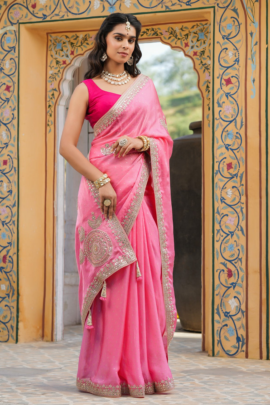 Buy light pink embroidered tussar georgette saree online in USA with blouse. Make a fashion statement at weddings with stunning designer sarees, embroidered sarees with blouse, wedding sarees, handloom sarees from Pure Elegance Indian fashion store in USA.-pallu