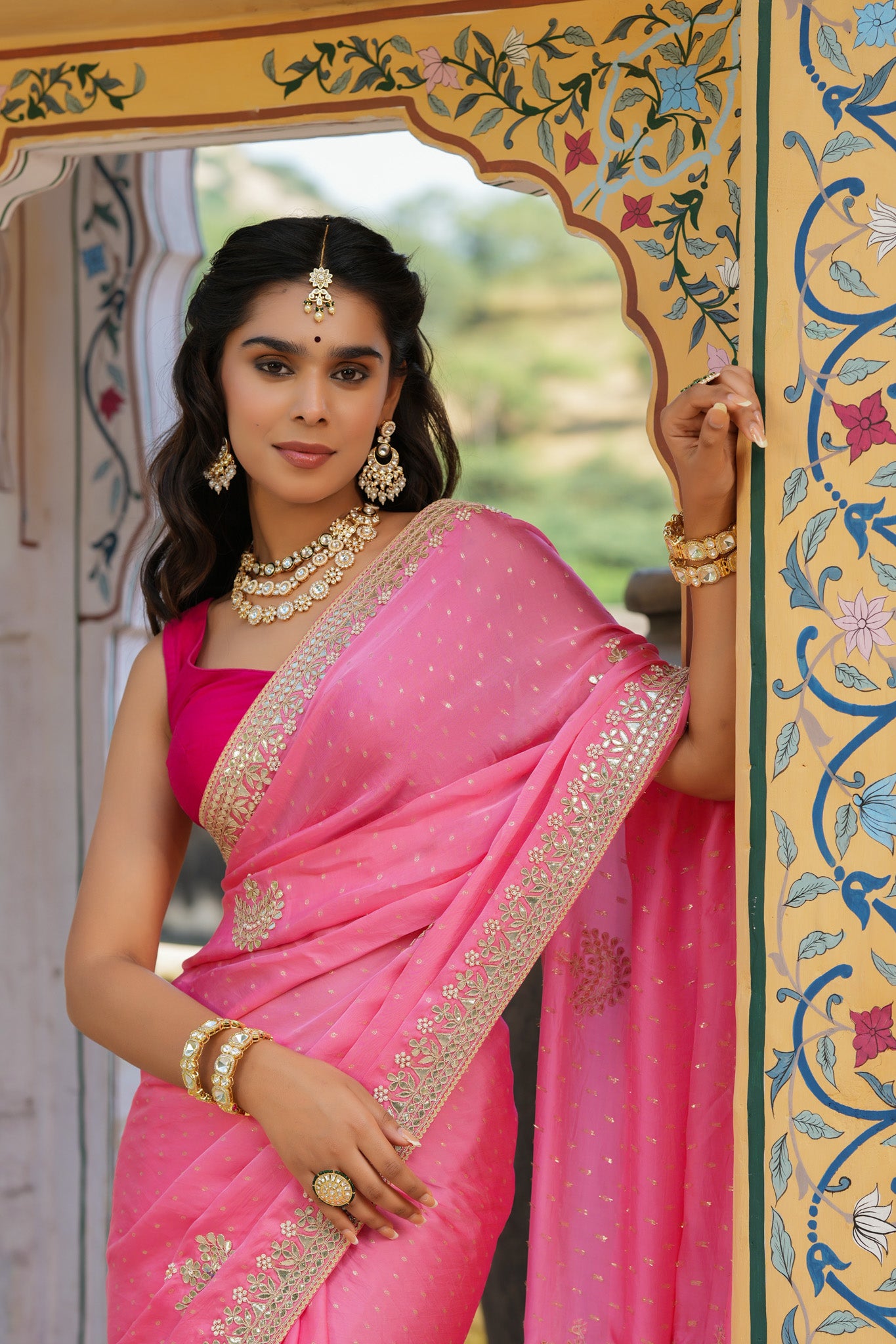 Buy light pink embroidered tussar georgette saree online in USA with blouse. Make a fashion statement at weddings with stunning designer sarees, embroidered sarees with blouse, wedding sarees, handloom sarees from Pure Elegance Indian fashion store in USA.-closeup