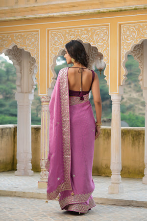 Buy beautiful mauve tussar georgette saree online in USA with embroidered border. Make a fashion statement at weddings with stunning designer sarees, embroidered sarees with blouse, wedding sarees, handloom sarees from Pure Elegance Indian fashion store in USA.-back