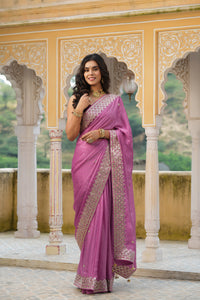 Buy beautiful mauve tussar georgette saree online in USA with embroidered border. Make a fashion statement at weddings with stunning designer sarees, embroidered sarees with blouse, wedding sarees, handloom sarees from Pure Elegance Indian fashion store in USA.-full view