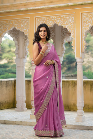 Buy beautiful mauve tussar georgette saree online in USA with embroidered border. Make a fashion statement at weddings with stunning designer sarees, embroidered sarees with blouse, wedding sarees, handloom sarees from Pure Elegance Indian fashion store in USA.-side