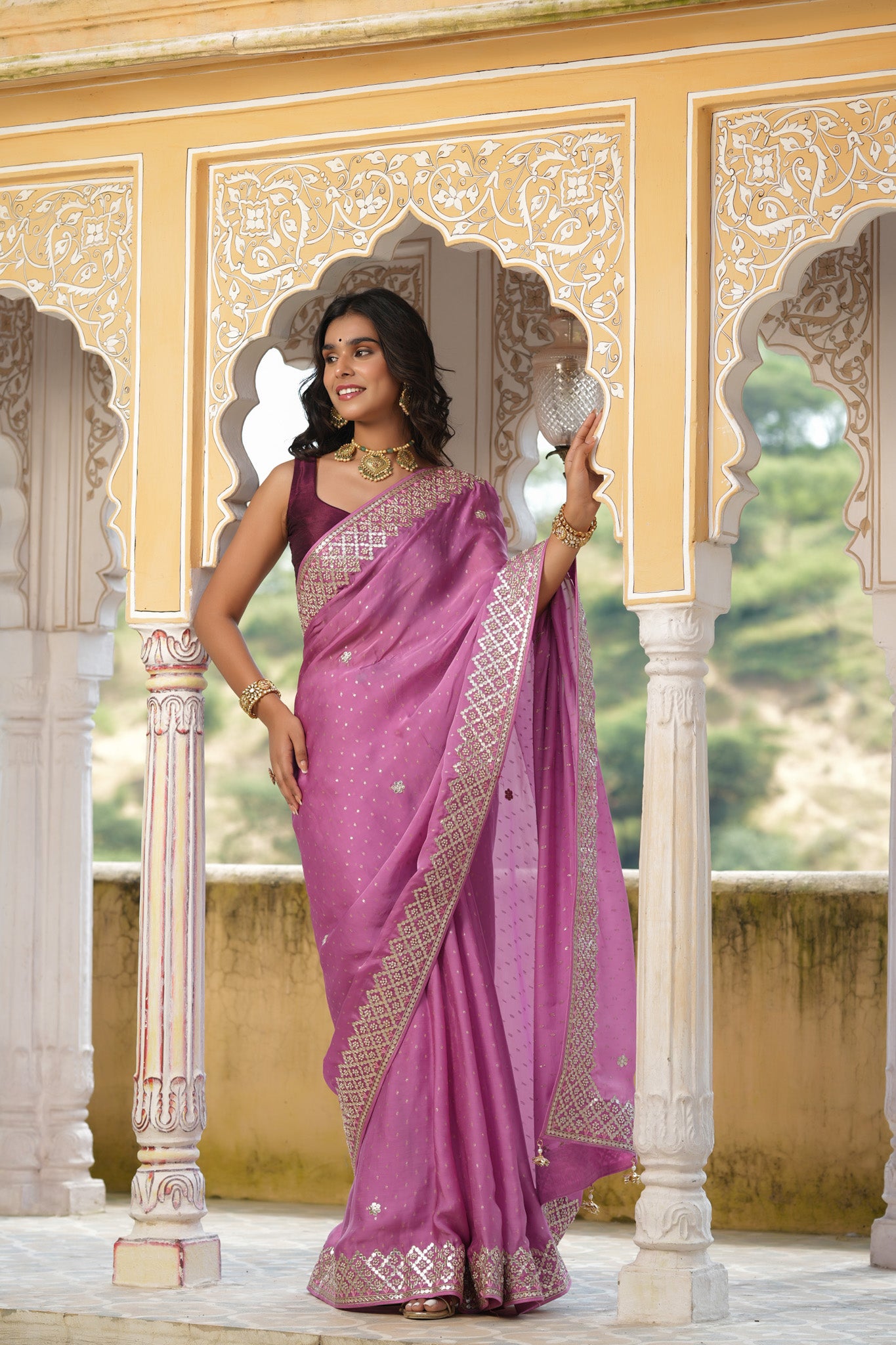 Buy beautiful mauve tussar georgette saree online in USA with embroidered border. Make a fashion statement at weddings with stunning designer sarees, embroidered sarees with blouse, wedding sarees, handloom sarees from Pure Elegance Indian fashion store in USA.-front