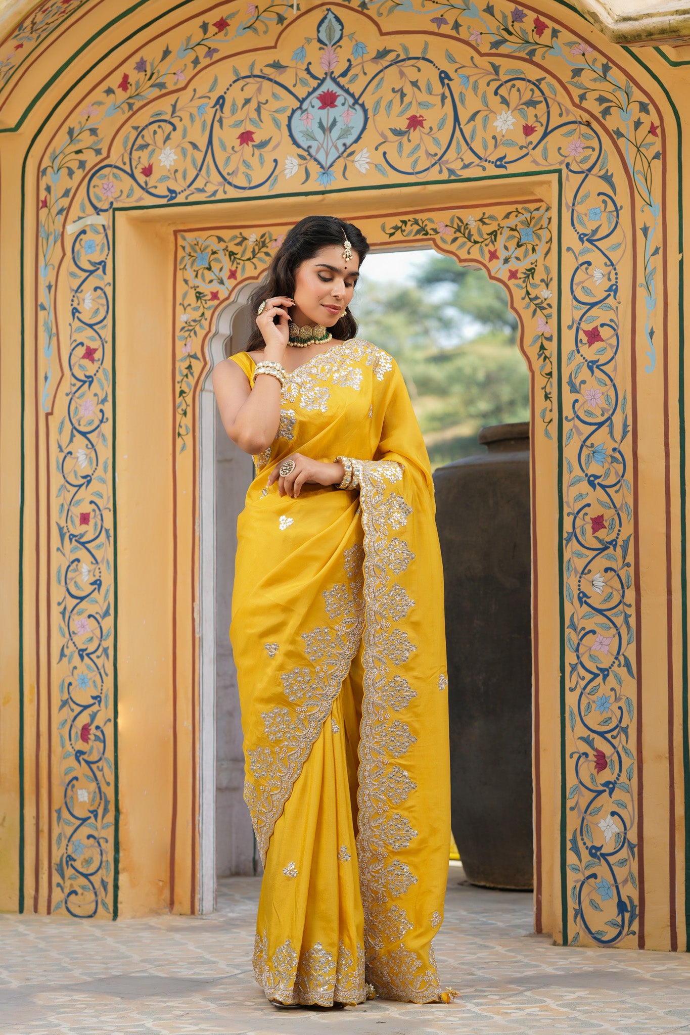 Buy yellow tussar georgette saree online in USA with embroidered border. Make a fashion statement at weddings with stunning designer sarees, embroidered sarees with blouse, wedding sarees, handloom sarees from Pure Elegance Indian fashion store in USA.-front