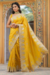 Buy yellow tussar georgette saree online in USA with embroidered border. Make a fashion statement at weddings with stunning designer sarees, embroidered sarees with blouse, wedding sarees, handloom sarees from Pure Elegance Indian fashion store in USA.-full view