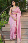 Buy light pink tussar georgette saree online in USA with embroidered blouse. Make a fashion statement at weddings with stunning designer sarees, embroidered sarees with blouse, wedding sarees, handloom sarees from Pure Elegance Indian fashion store in USA.-full view