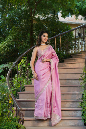 Buy light pink tussar georgette saree online in USA with embroidered blouse. Make a fashion statement at weddings with stunning designer sarees, embroidered sarees with blouse, wedding sarees, handloom sarees from Pure Elegance Indian fashion store in USA.-side