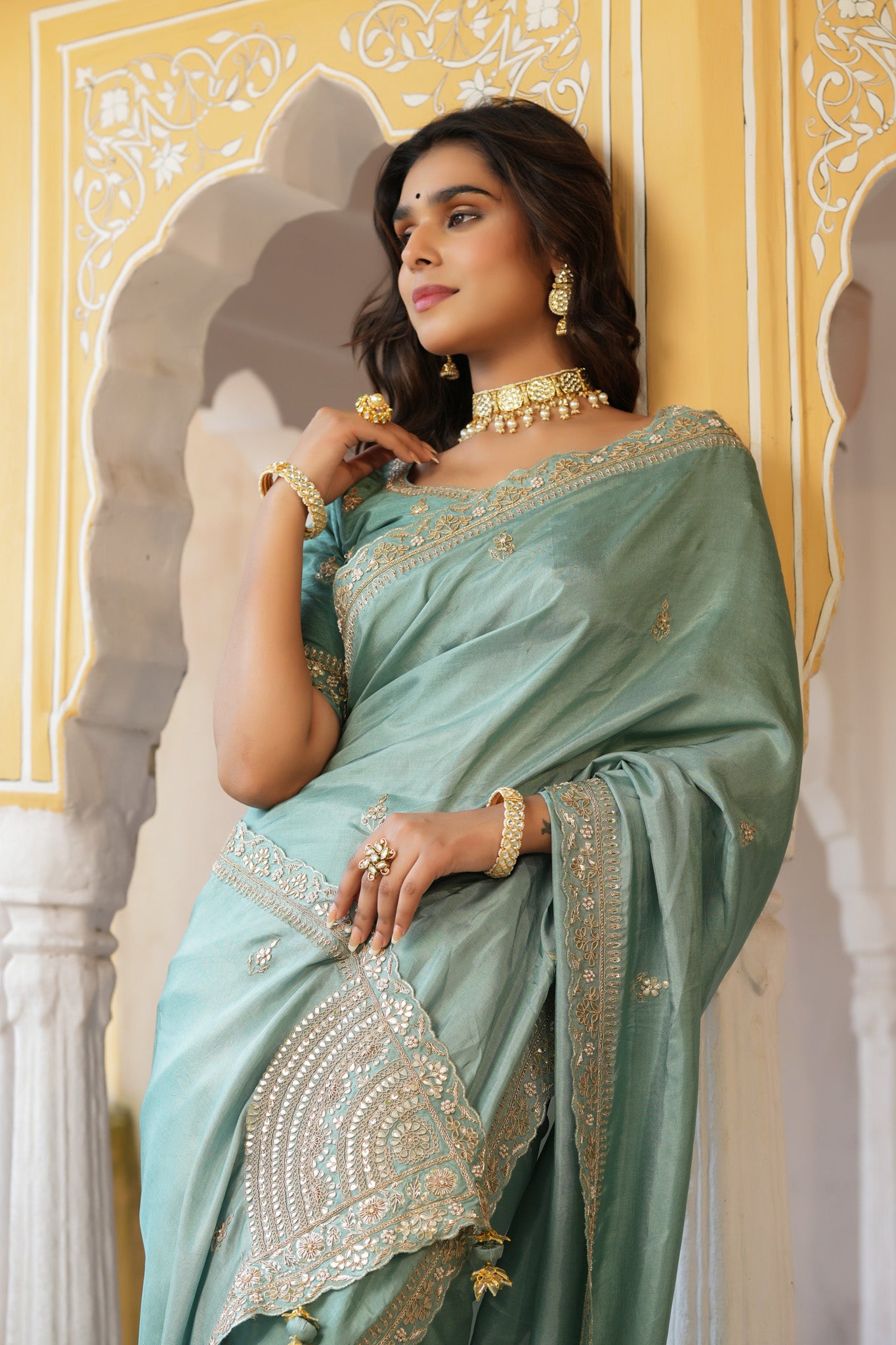 Shop sea green tussar georgette saree online in USA with embroidered blouse. Make a fashion statement at weddings with stunning designer sarees, embroidered sarees with blouse, wedding sarees, handloom sarees from Pure Elegance Indian fashion store in USA.-details